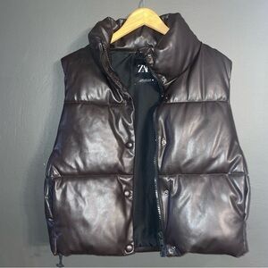 Zara Cropped Leather Looking Dark Brown Puffer Vest